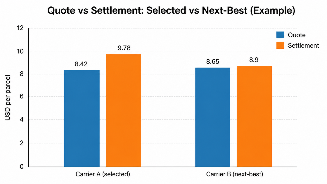 Bar chart: quote vs settlement, Carrier A quote 8.42 settlement 9.78, Carrier B quote 8.65 settlement 8.90, USD per parcel (example)