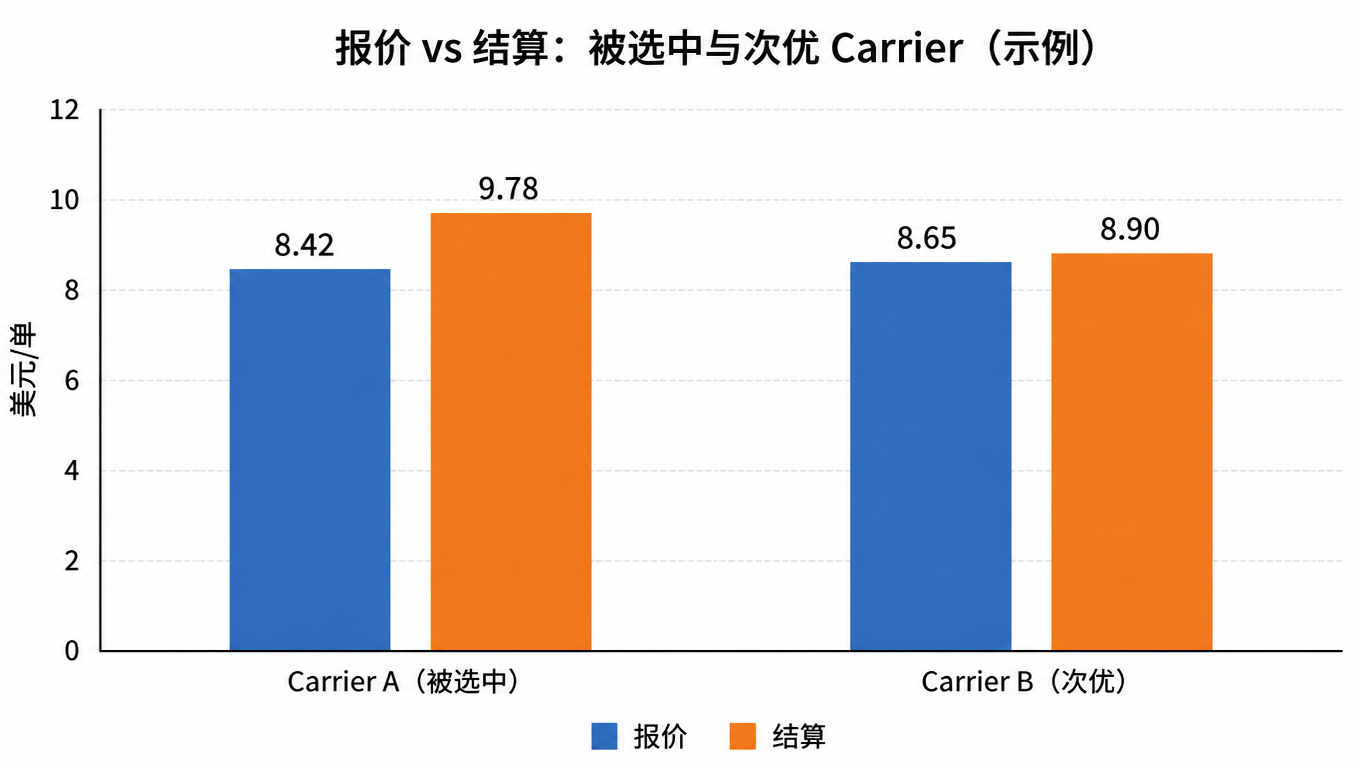 柱状图:报价 vs 结算,Carrier A 报价 8.42 结算 9.78,Carrier B 报价 8.65 结算 8.90,单位美元/单(示例)