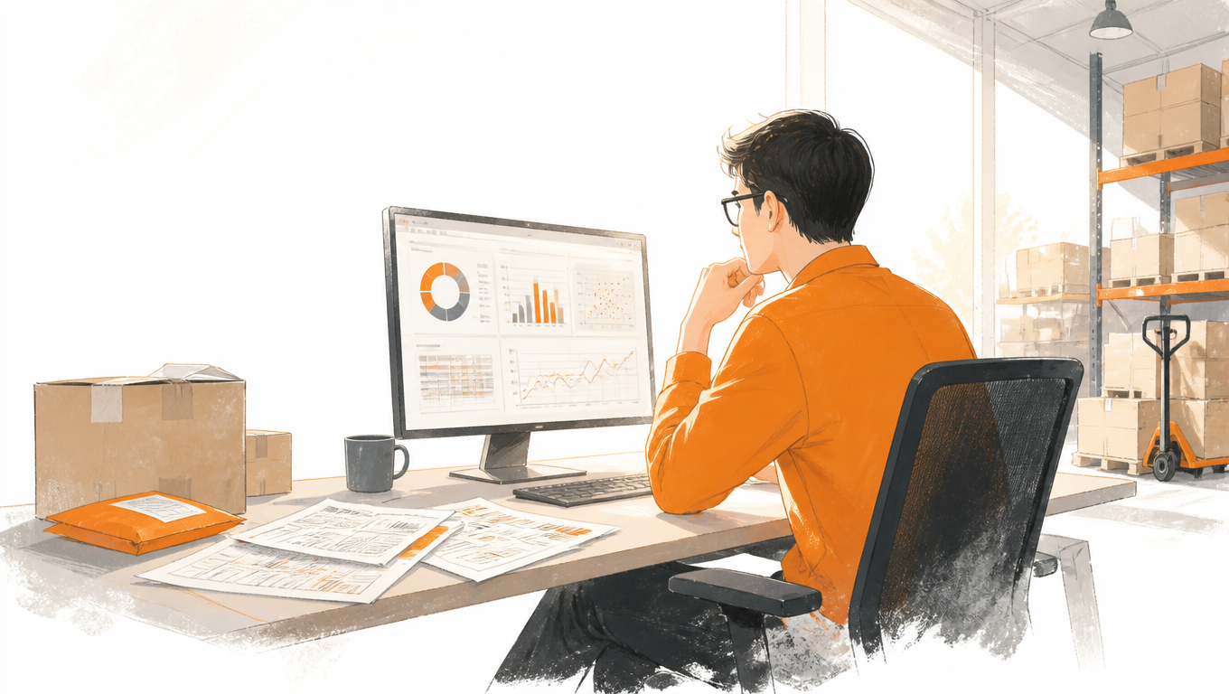 Operations worker reviews charts on a computer beside shipping labels and invoices.