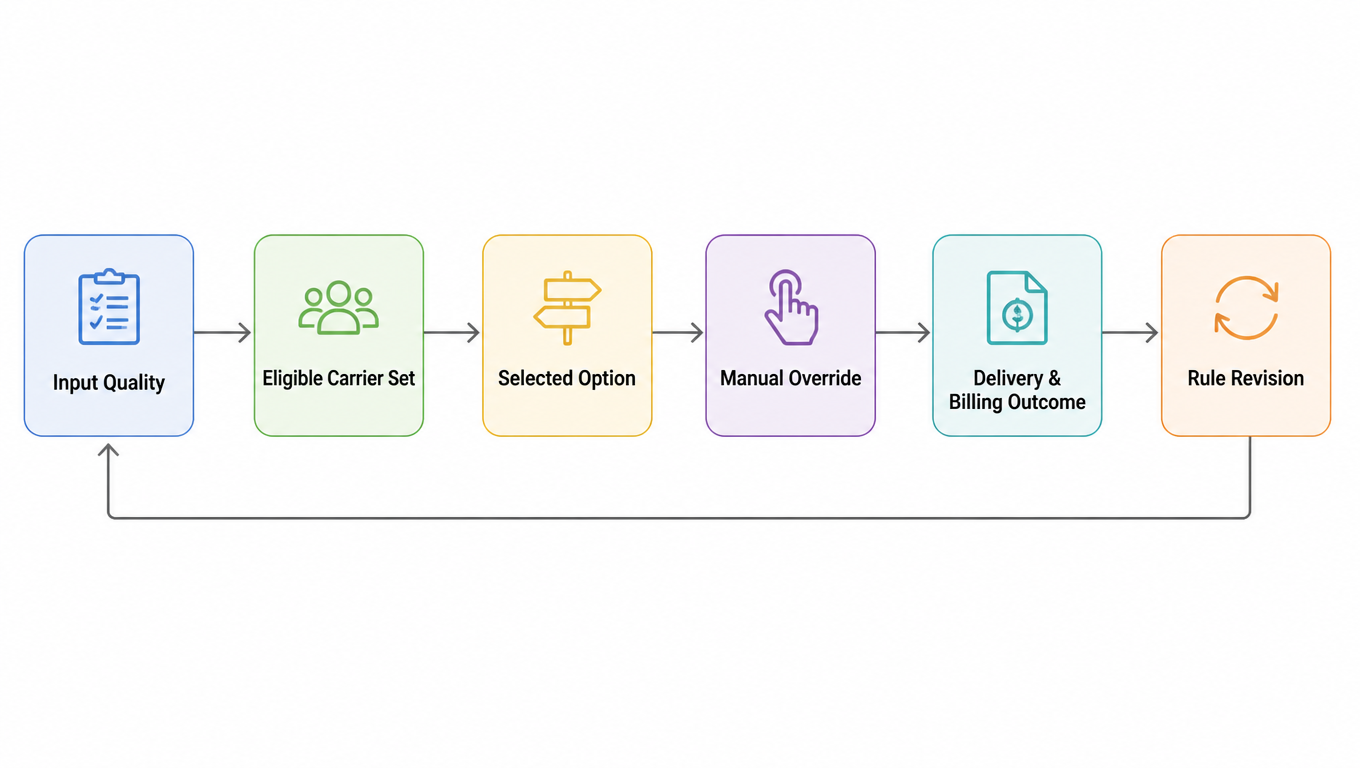 Loop diagram: Input Quality → Eligible Carrier Set → Selected Option → Manual Override → Delivery & Billing Outcome → Rule Revision, back to Input Quality