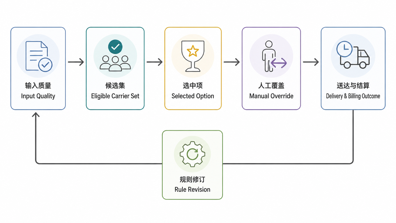 闭环流程图:输入质量 → 候选集 → 选中项 → 人工覆盖 → 送达与结算 → 规则修订 → 回到输入质量