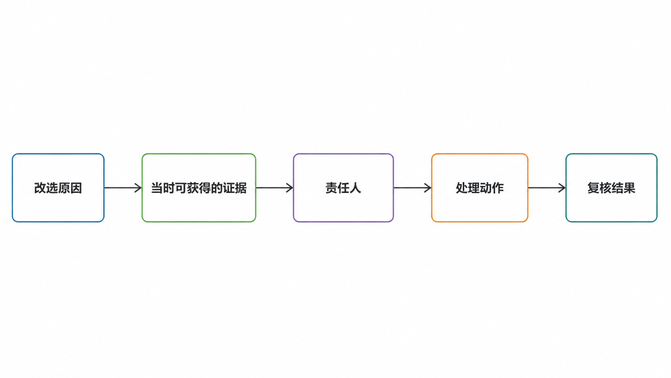 改选复核链流程图:改选原因 → 当时可获得的证据 → 责任人 → 处理动作 → 复核结果
