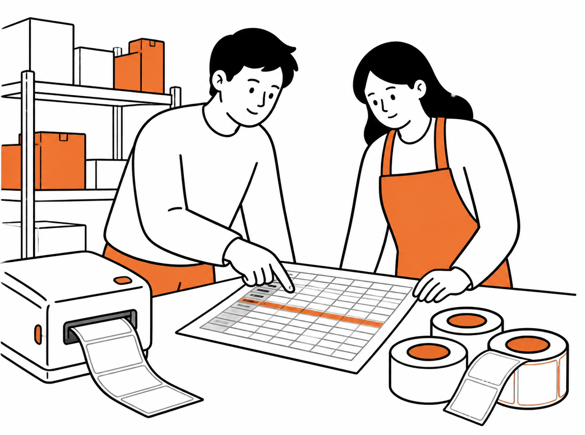 Two people review a reconciliation statement beside a label printer in a warehouse.