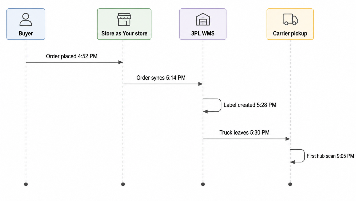 Sequence diagram: buyer orders 4:52 PM, store syncs 5:14 PM, 3PL WMS creates label 5:28 PM, carrier pickup truck leaves 5:30 PM, first hub scan 9:05 PM