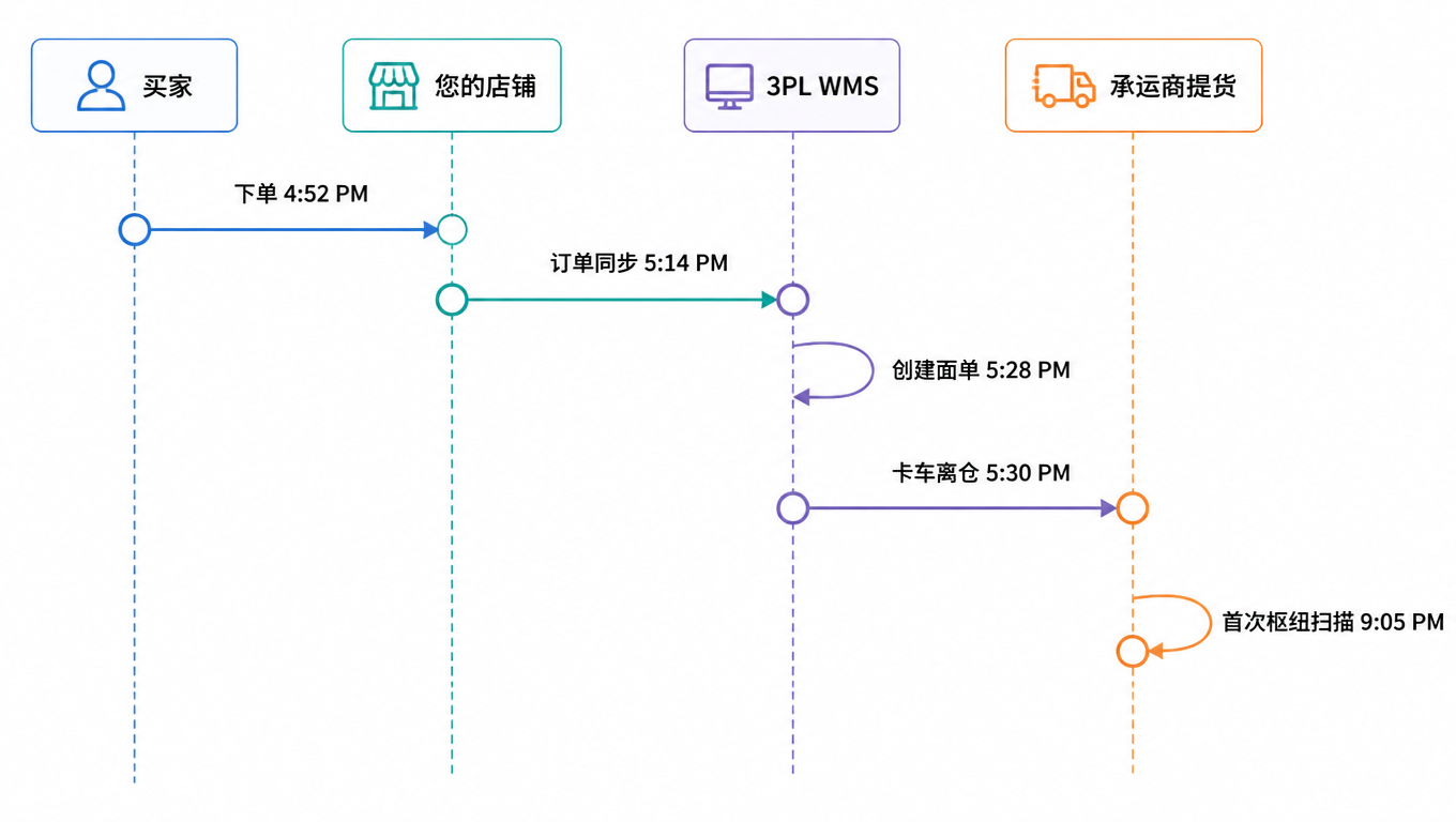 时序图:买家 4:52 PM 下单 → 店铺 5:14 PM 同步订单 → 3PL WMS 5:28 PM 创建面单 → 承运商提货卡车 5:30 PM 离仓 → 9:05 PM 首次枢纽扫描