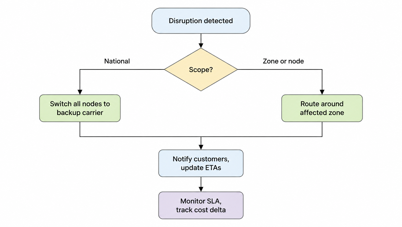 Decision flowchart: disruption detected → scope? → national: switch all nodes to backup carrier / zone or node: route around affected zone → notify customers, update ETAs → monitor SLA, track cost delta