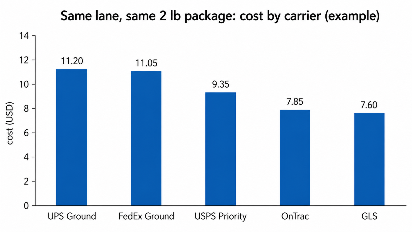Bar chart: same lane, same 2 lb package, cost by carrier (example, USD): UPS Ground 11.20, FedEx Ground 11.05, USPS Priority 9.35, OnTrac 7.85, GLS 7.60