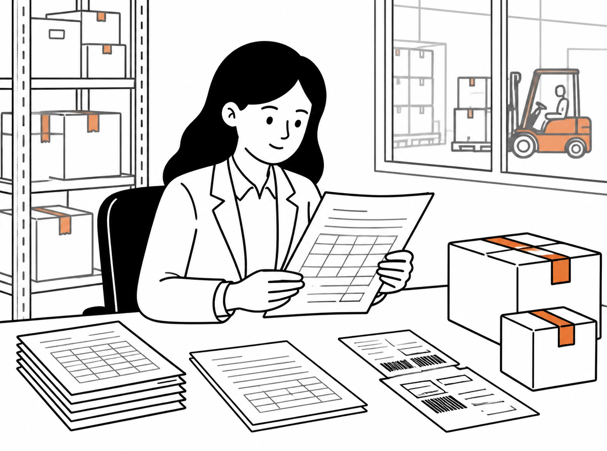 A logistics manager in a warehouse office reviewing a dense carrier contract with rate tables and shipping labels on the desk