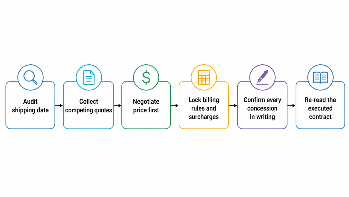 Negotiation sequence: audit shipping data, collect competing quotes, negotiate price first, lock billing rules and surcharges, confirm every concession in writing, re-read the executed contract