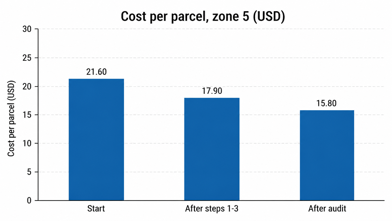Bar chart: cost per parcel in zone 5 (USD), 21.60 at the start, 17.90 after steps 1-3, 15.80 after audit