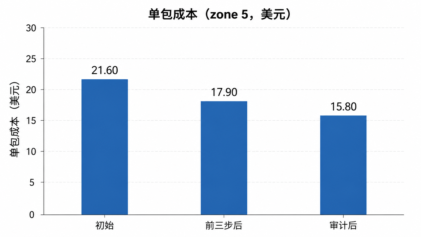 柱状图:单包成本(zone 5,美元),初始 21.60、前三步后 17.90、审计后 15.80