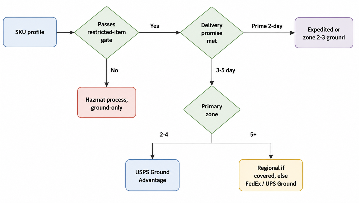 Flowchart: SKU profile passes the restricted-item gate (no: hazmat process, ground-only), then the delivery promise (Prime 2-day: expedited or zone 2-3 ground; 3-5 day: primary zone), zone 2-4 to USPS Ground Advantage, zone 5+ to a regional carrier if covered, else FedEx / UPS Ground