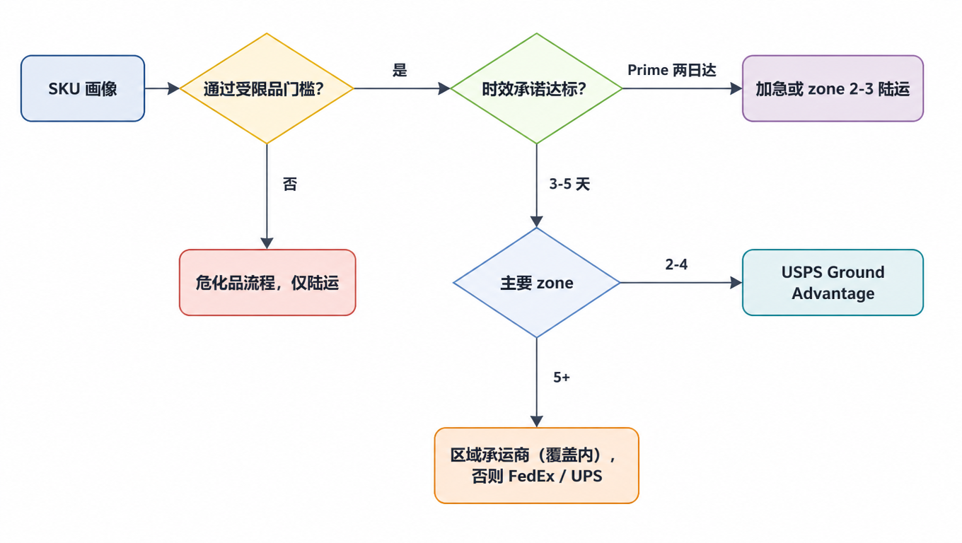 流程图:SKU 画像 → 受限品门槛(否:危化品流程,仅陆运)→ 时效承诺(Prime 两日达:加急或 zone 2-3 陆运;3-5 天:看主要 zone)→ zone 2-4 走 USPS Ground Advantage,zone 5+ 走区域承运商(覆盖内)否则 FedEx / UPS