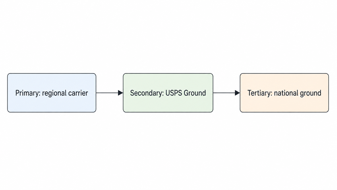 Flowchart: Primary: regional carrier, Secondary: USPS Ground, Tertiary: national ground