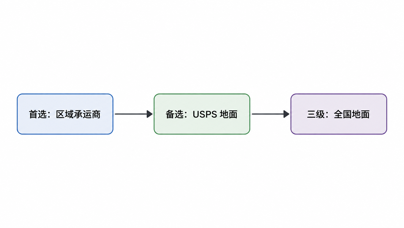 流程图：首选：区域承运商 → 备选：USPS 地面 → 三级：全国地面