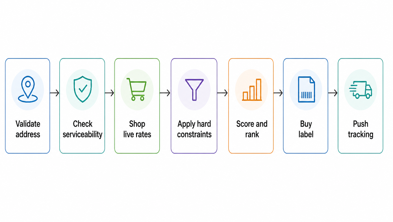 Flowchart: validate address, check serviceability, shop live rates, apply hard constraints, score and rank, buy label, push tracking