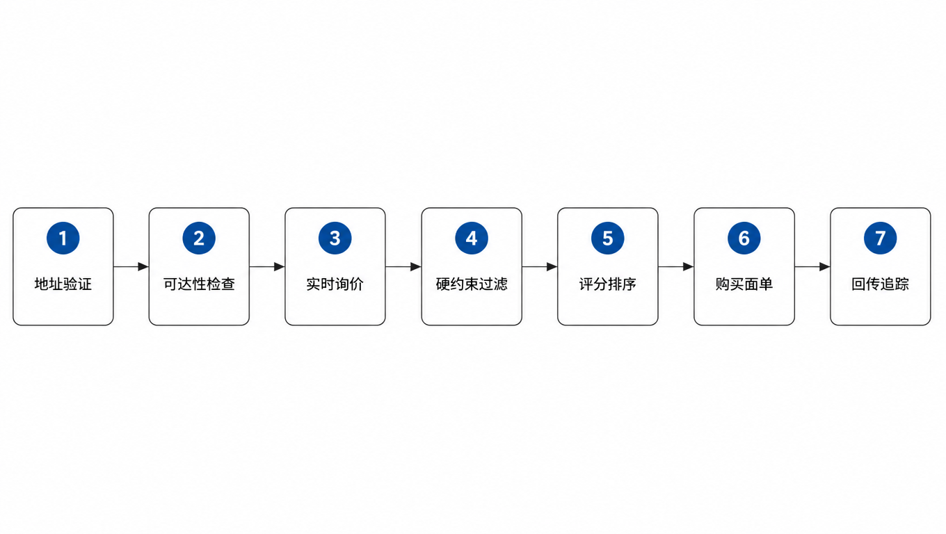 流程图：地址验证 → 可达性检查 → 实时询价 → 硬约束过滤 → 评分排序 → 购买面单 → 回传追踪