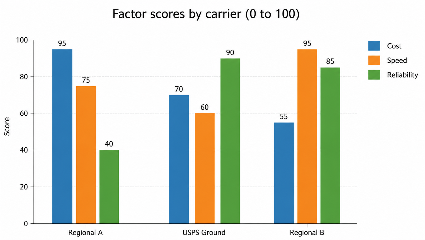 Bar chart: factor scores by carrier, Cost, Speed, Reliability (0 to 100)