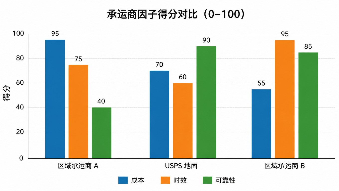 柱状图：三家承运商的成本、时效、可靠性得分对比（0-100）