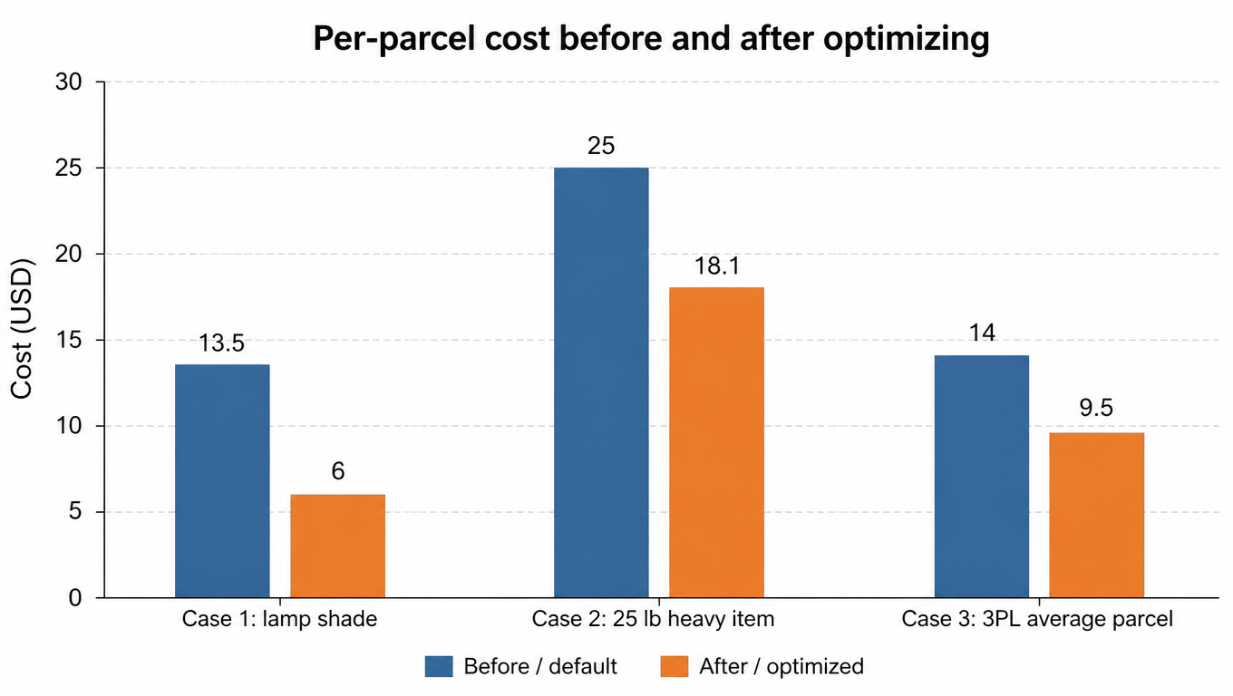Bar chart of per-parcel cost before and after optimizing: Case 1 lamp shade 13.5 to 6, Case 2 heavy item 25 to 18.1, Case 3 3PL average 14 to 9.5