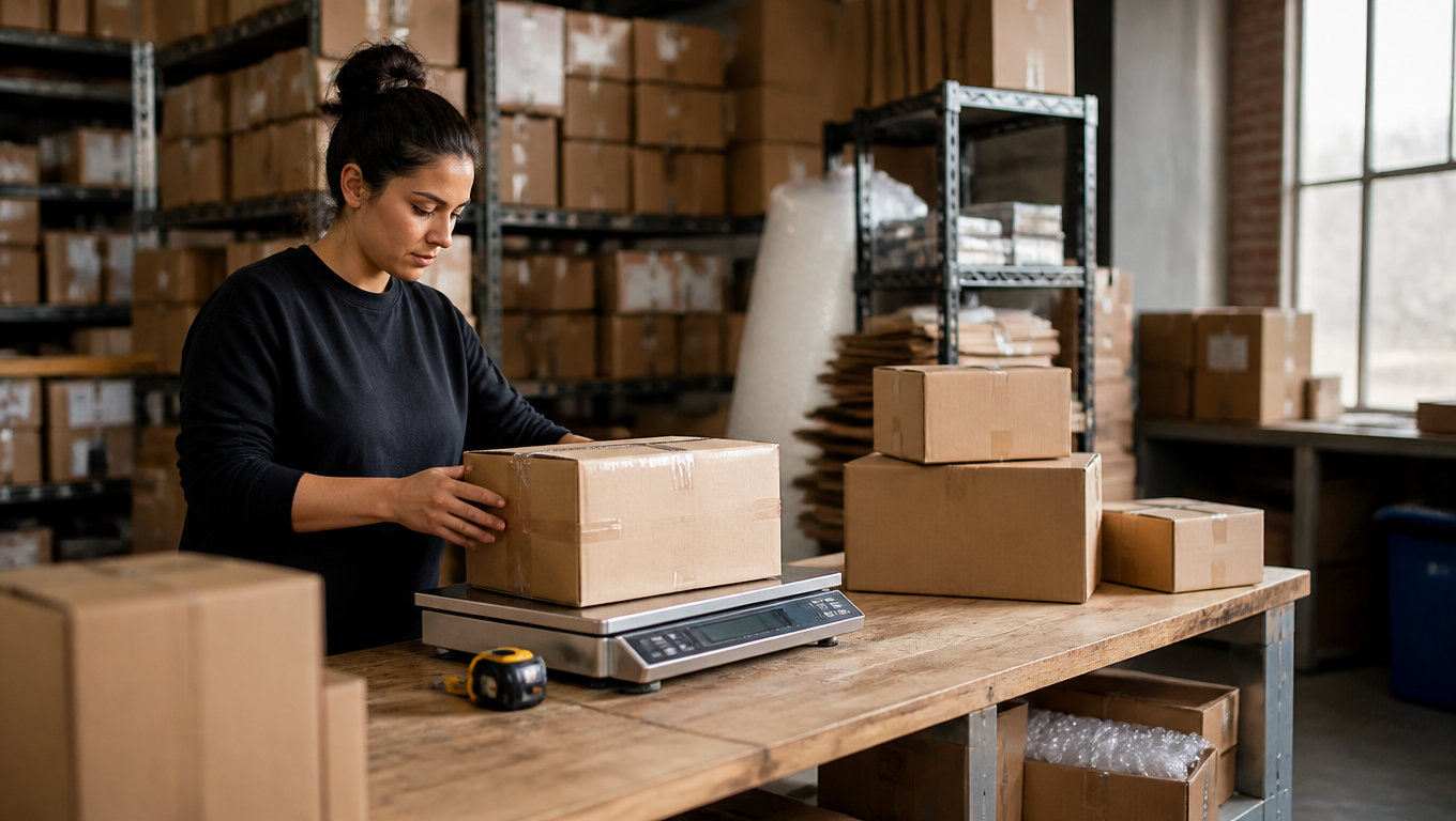 A warehouse shipping station with a cardboard parcel on a digital scale, a tape measure and boxes of different sizes nearby, warm natural light