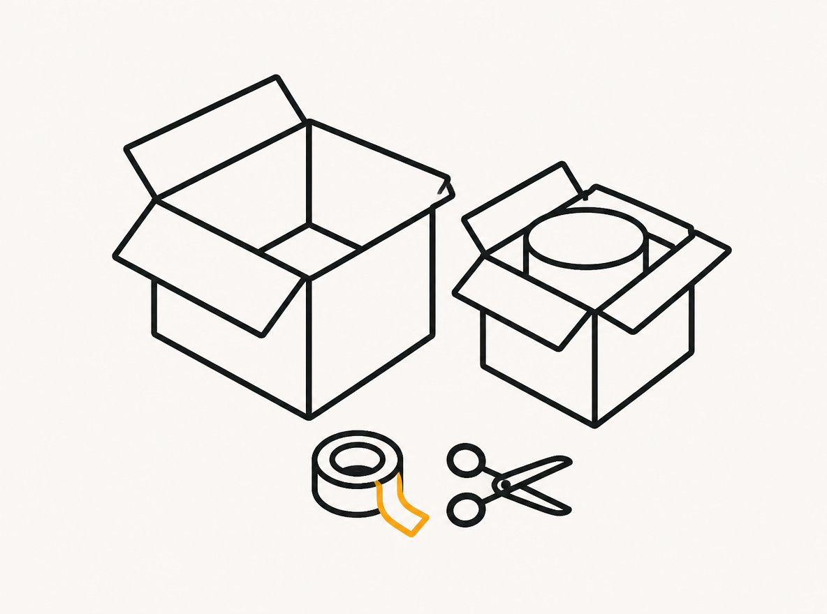 Two cardboard boxes side by side, one oversized with empty space inside, one snugly fitting its product, with a roll of tape and scissors on the table