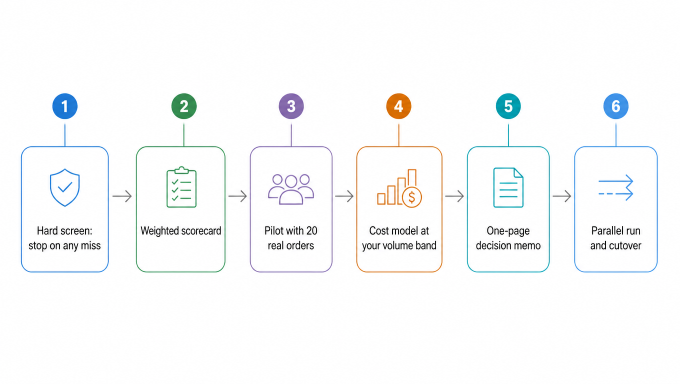 Ten-day evaluation flow: hard screen, scorecard, pilot, cost model, decision memo
