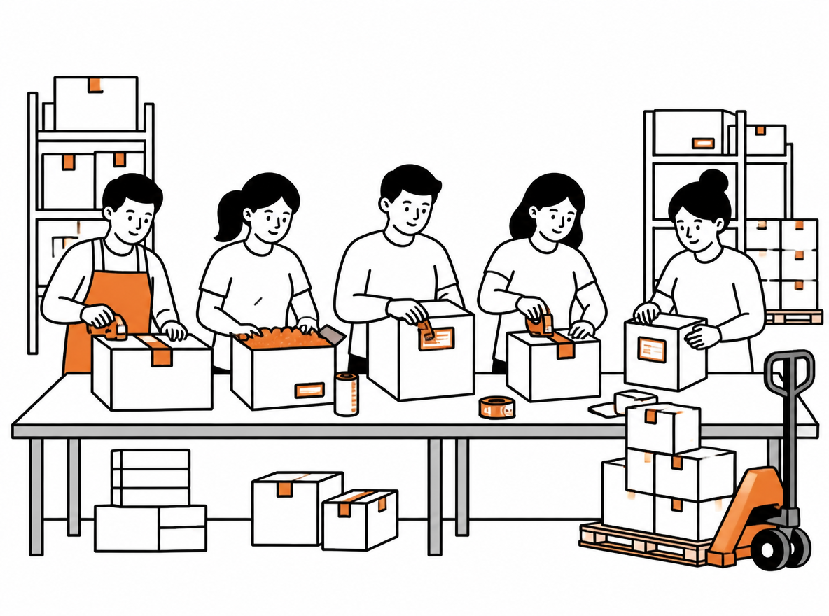 A compact five-person warehouse team packing and labeling parcels at a long table, boxes stacked and ready for international dispatch
