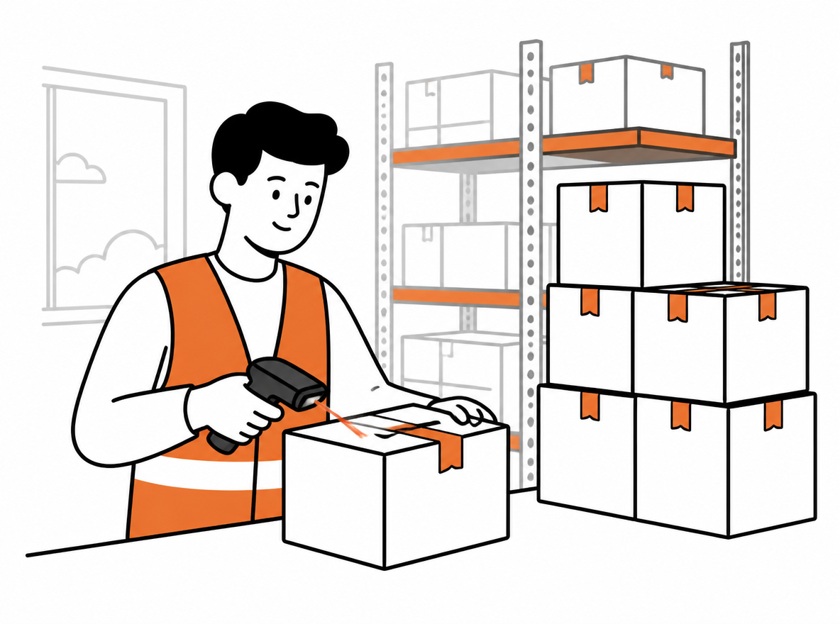 A bright small fulfillment warehouse where a worker scans a parcel with a handheld scanner beside stacks of boxes waiting to ship