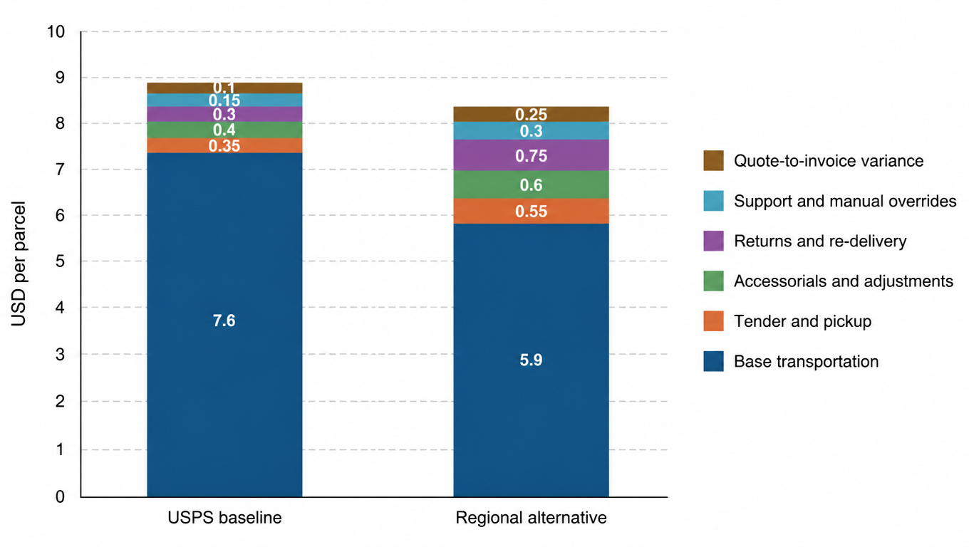 Stacked bar chart of the hypothetical net cost per parcel for a USPS baseline at about 8.90 dollars and a regional alternative at about 8.35 dollars, split into base transportation, tender and handoff, accessorials and adjustments, returns and re-delivery, support and manual overrides, and quote-to-invoice variance