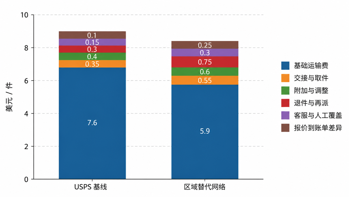 堆叠柱状图:示例中 USPS 基线与区域替代网络的每件净成本构成,基线约 8.90 美元、替代网络约 8.35 美元,构成含基础运输费、起运与交接、附加与调整、退件与再派、客服与人工覆盖、报价到账单差异