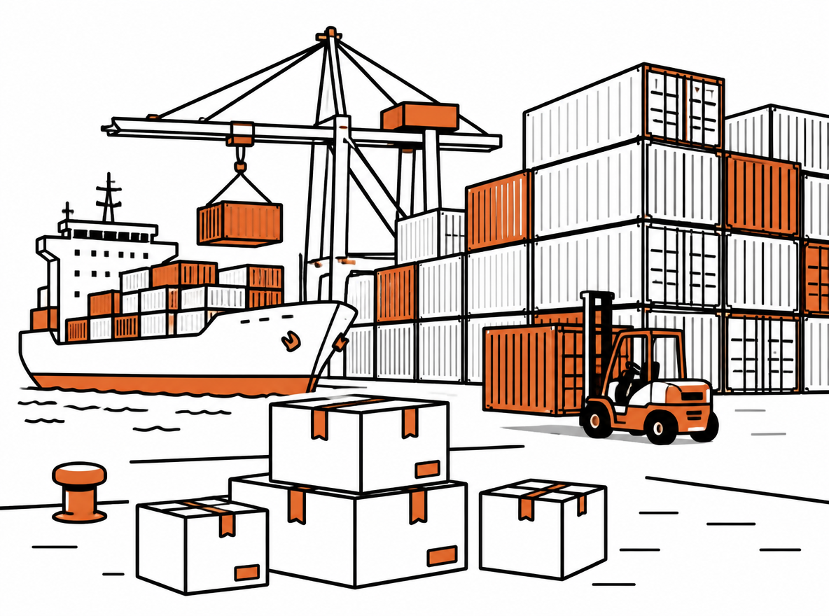 Shipping containers stacked at a busy port with parcels in the foreground, cross-border logistics scene