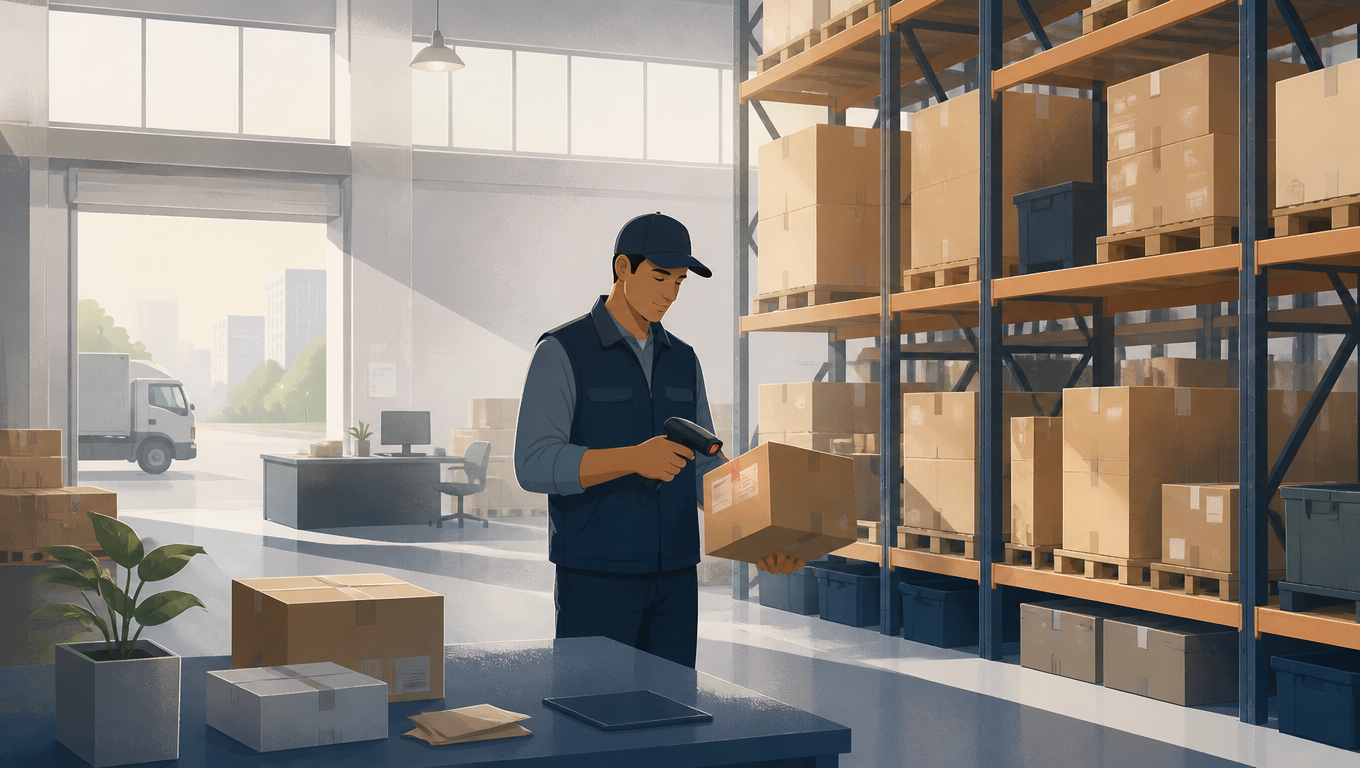 A tidy small 3PL warehouse with labeled shelves, a worker scanning a box with a handheld barcode scanner