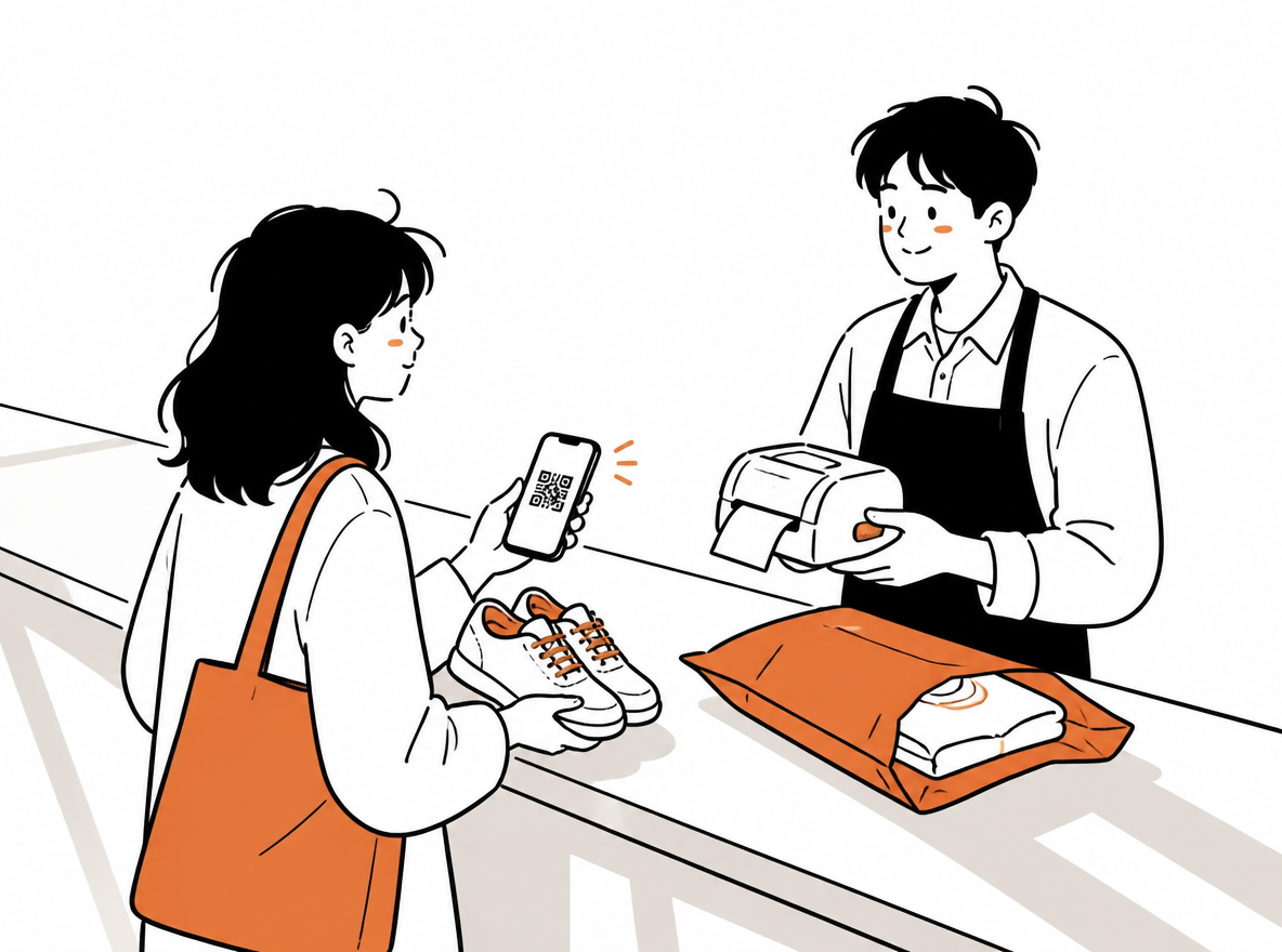 Editorial illustration of a shop counter moment, a customer holding an unboxed pair of shoes and a phone showing a square code, a clerk holding a thermal label printer, a half-filled mailer bag on the counter, afternoon light and long soft shadows, loose ink lines, restrained color with one warm accent.