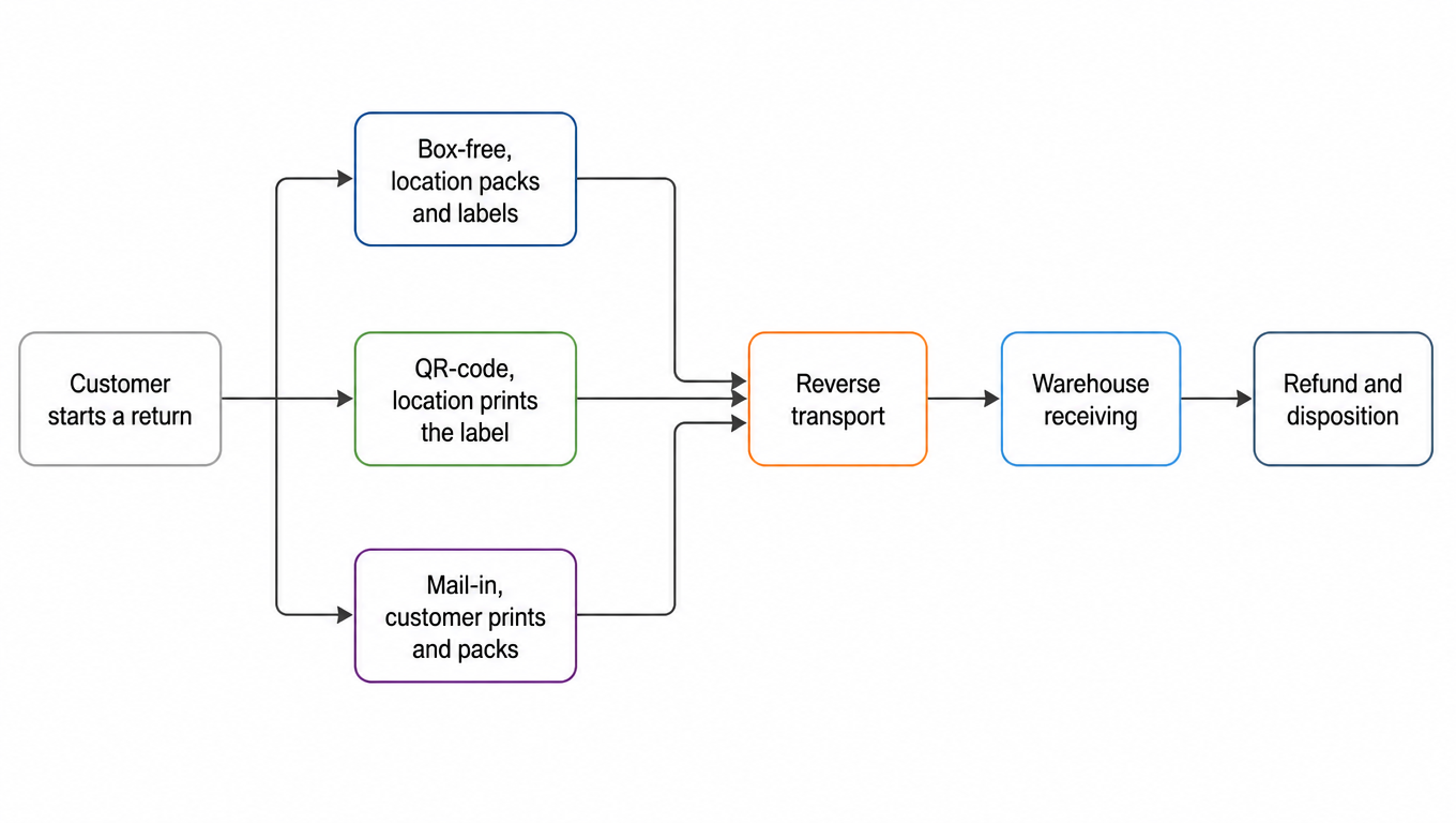 Flowchart: after the customer starts a return, three paths diverge. Box-free has the location pack and label it, QR-code has the location print the label, mail-in has the customer print and pack. All three merge into reverse transport, then warehouse receiving, then refund and disposition