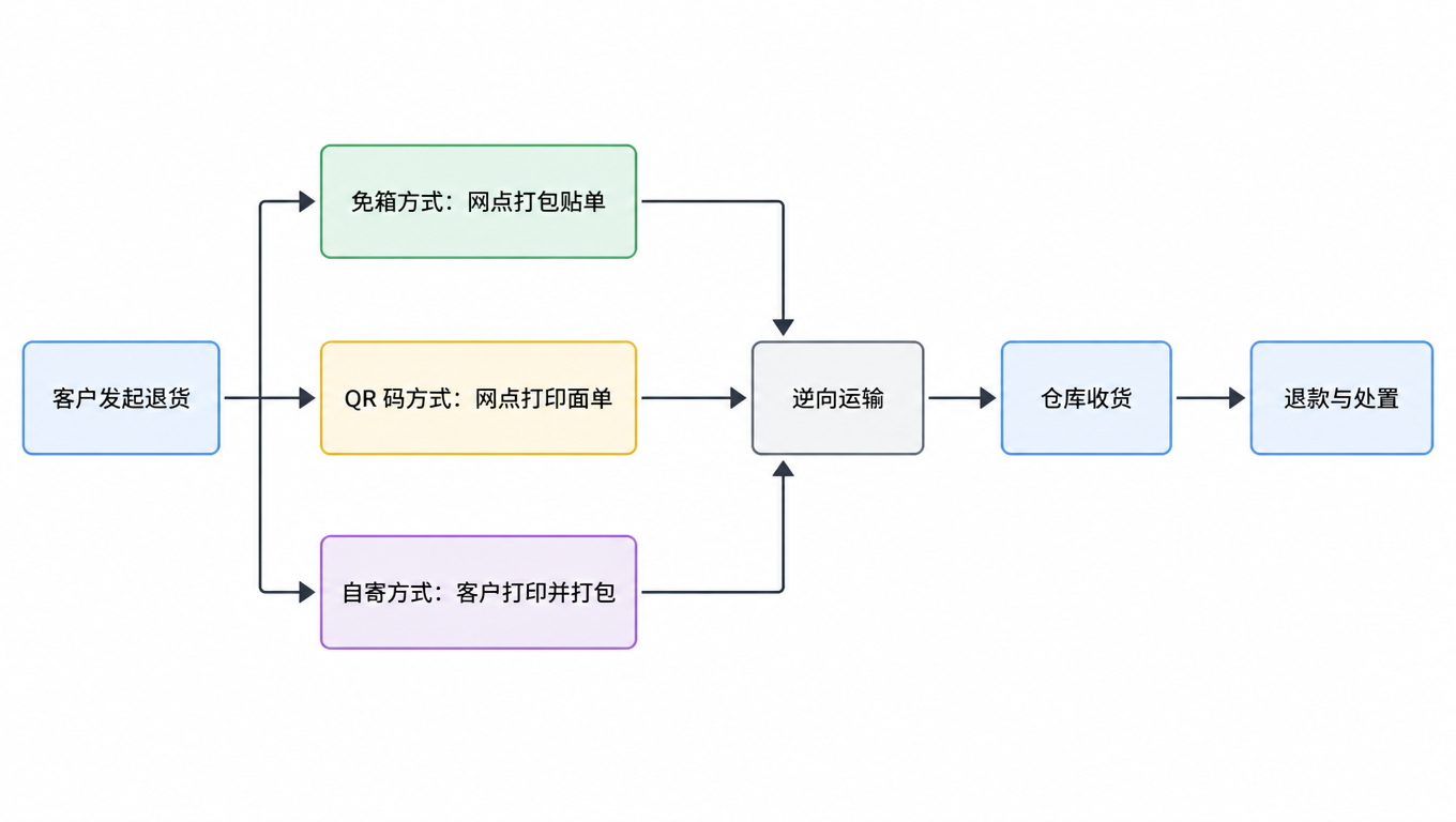 流程图:客户发起退货后分三条路径,免箱方式由网点打包贴单,QR 码方式由网点打印面单,自寄方式由客户自己打印并打包,三条路径汇入逆向运输,再到仓库收货,最后是退款与处置