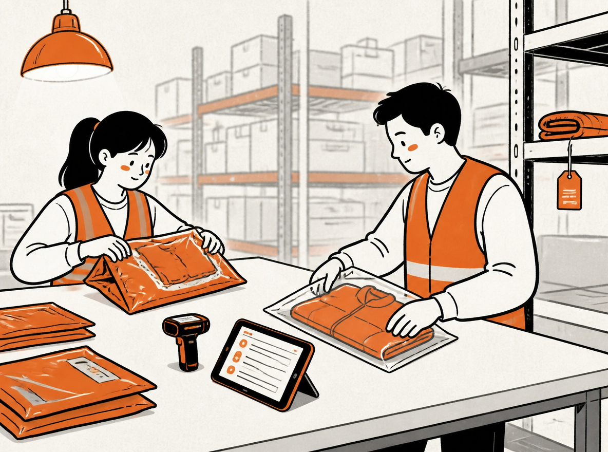 Editorial illustration of a warehouse returns bench, two workers at a long table with opened mailers, a handheld scanner, a tablet showing a list of records, one jacket folded into a clear bag and one item set aside on a red-tagged shelf, industrial shelving blurred behind.