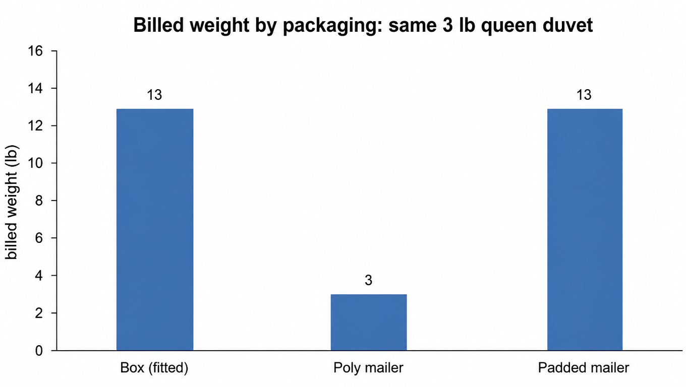 Bar chart: the same 3 lb queen duvet bills at 13 lb in a fitted box, 3 lb in a poly mailer, and 13 lb in a padded mailer