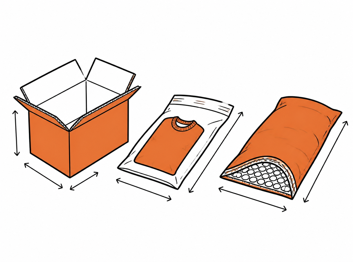 Hand-drawn editorial cartoon: three packages side by side, a rigid open box, a limp poly mailer hugging a folded sweater, and a plump padded mailer cut open to show bubble lining, loose ink lines with orange accents, generous white space, floating dimension arrows with no text