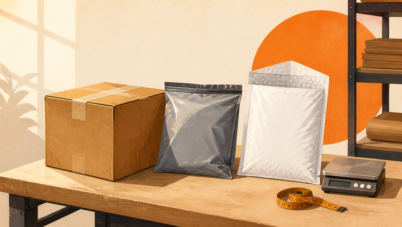 Editorial illustration, three-quarter view of a workshop table with a brown corrugated box, a gray poly mailer, and a puffed padded mailer side by side, parcel scale and tape measure nearby, warm light, kraft texture, handmade imperfections