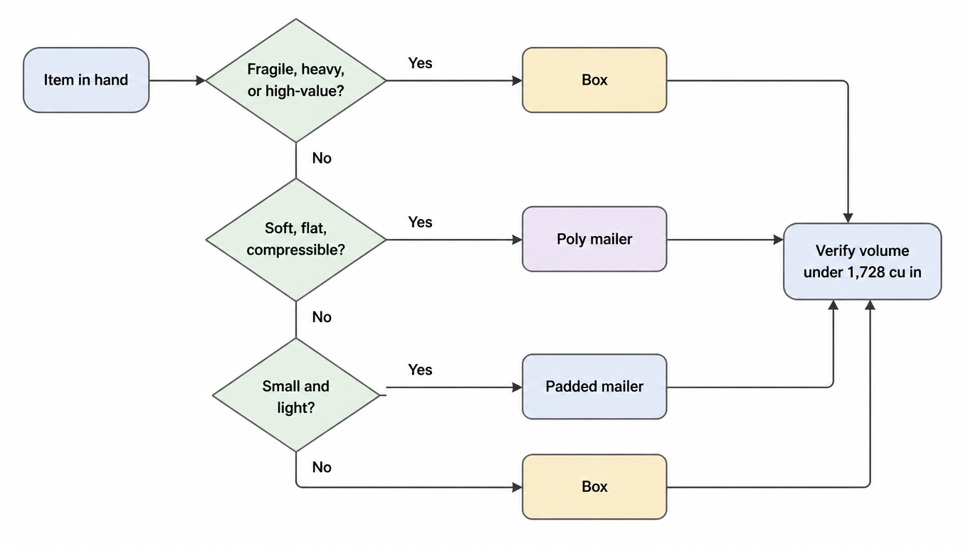 Decision tree flowchart: fragile, heavy, or high-value routes to box; otherwise soft, flat, compressible routes to poly mailer; otherwise small and light routes to padded mailer, else box; every path ends by verifying volume under 1,728 cubic inches