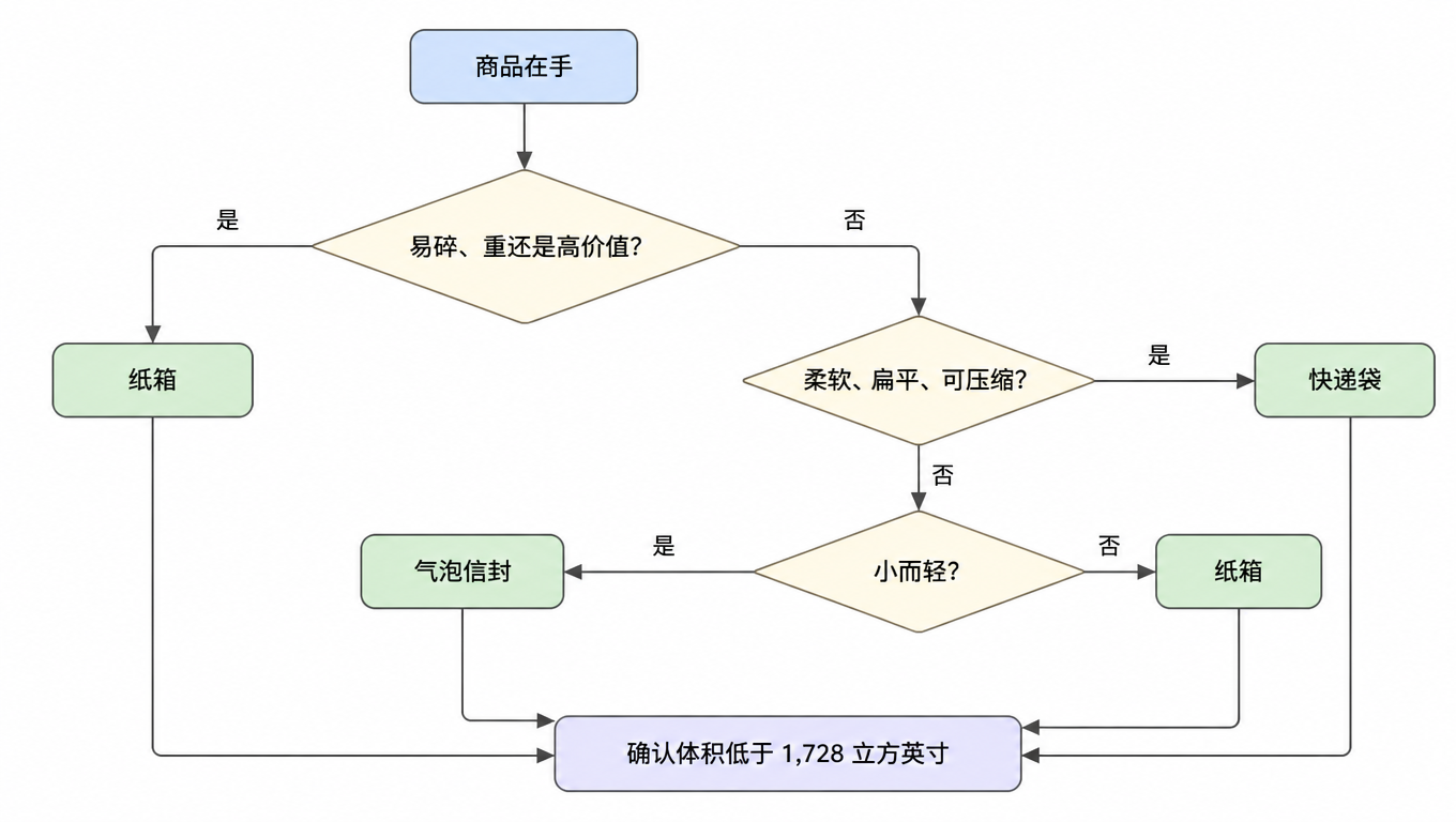 决策树流程图：先问是否易碎、重或高价值，是则纸箱；否则问是否柔软扁平可压缩，是则快递袋；否则问是否小而轻，是则气泡信封，否则纸箱；所有路径最后都汇到确认体积低于 1,728 立方英寸