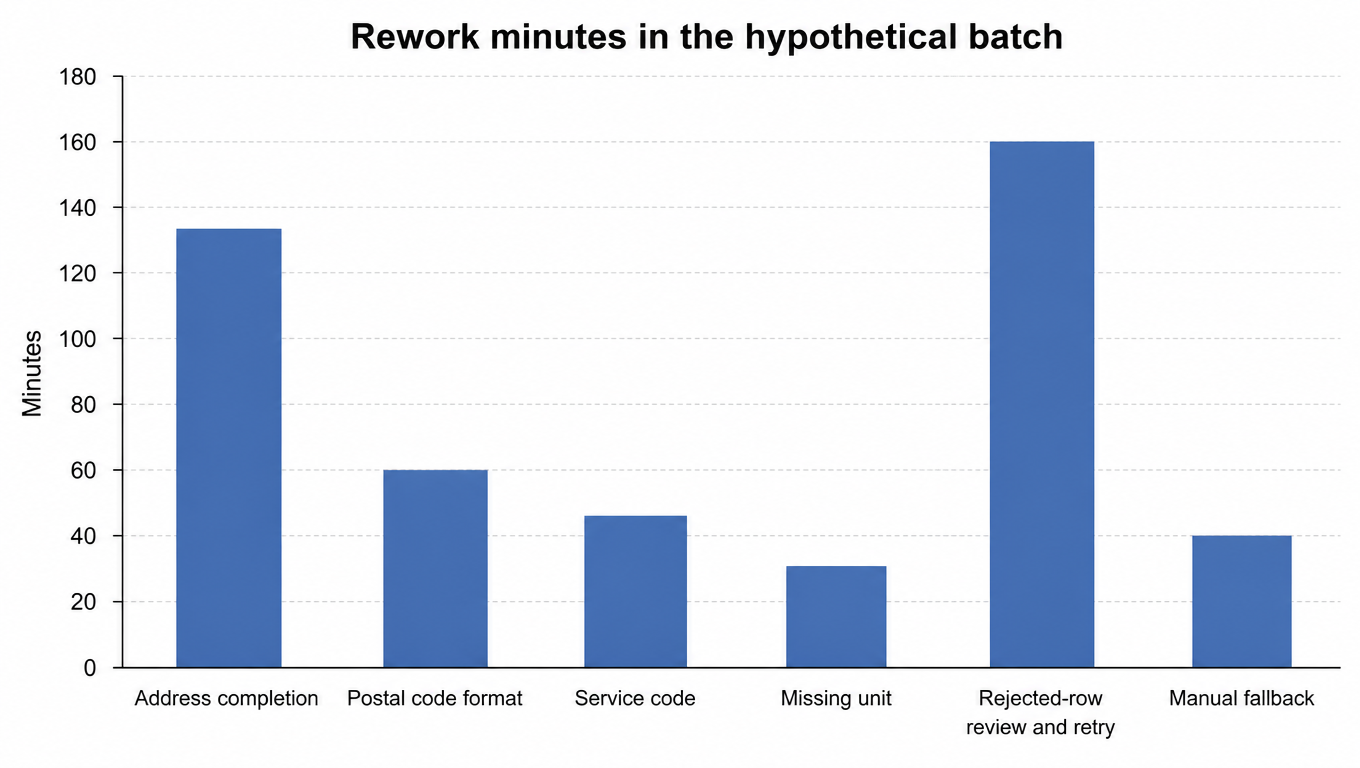 Bar chart of rework minutes in the hypothetical example: address completion 135, postal code format 60, service code 45, missing unit 30, rejected-row review and retry 160, manual fallback 40