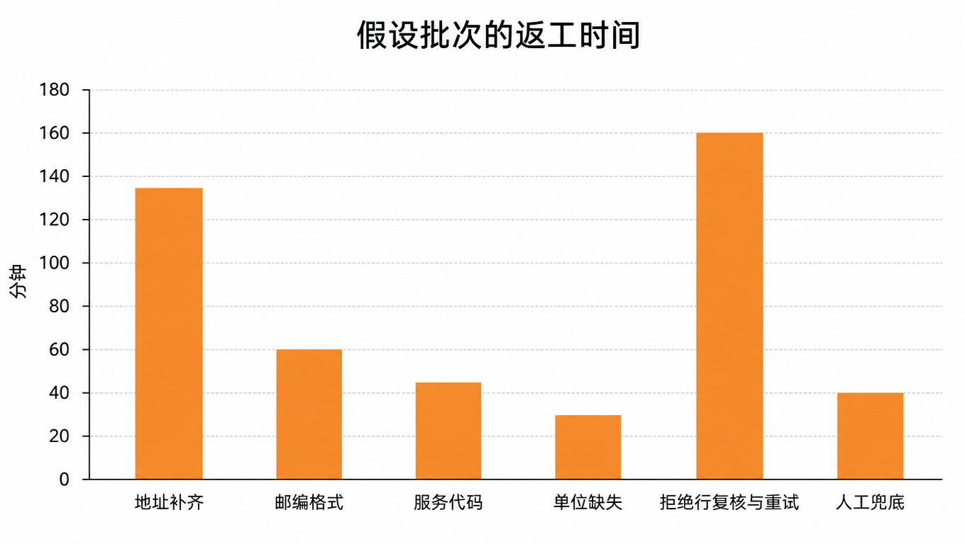 假设算例中的返工时间柱状图:地址补齐 135 分钟、邮编格式 60 分钟、服务代码 45 分钟、单位缺失 30 分钟、拒绝行复核与重试 160 分钟、人工兜底 40 分钟