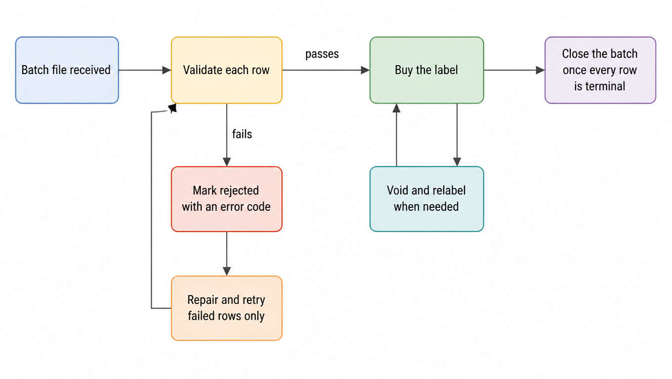 Row-state flow for bulk upload: receive the batch, validate each row, buy a label when it passes, mark and code it as rejected when it fails, repair and retry only failed rows, void and relabel when needed, close the batch once every row is terminal