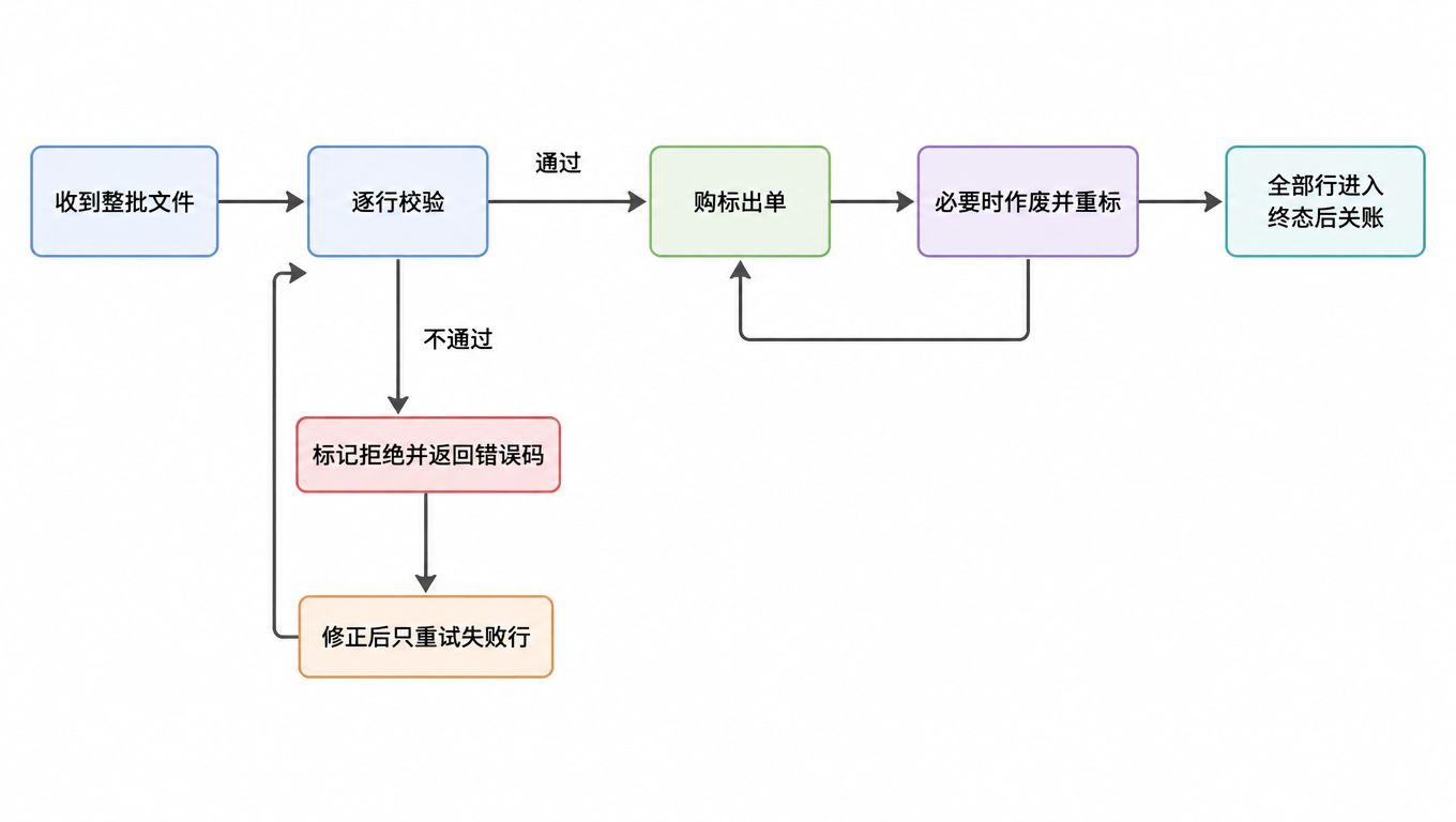 批量上传的行状态流转:收到整批文件、逐行校验、通过后购标出单、不通过则标记拒绝并给错误码、修正后只重试失败行、必要时作废并重标、全部行进入终态后关账