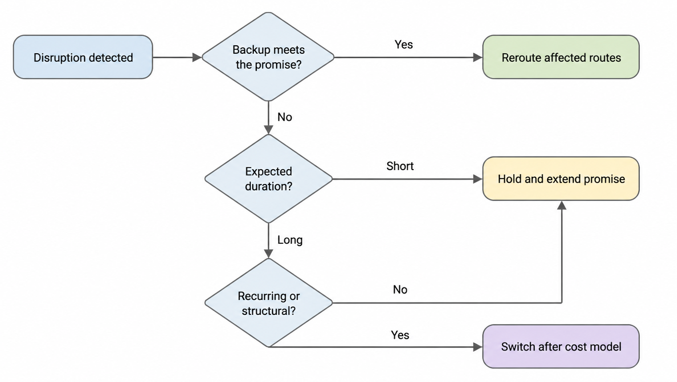 Decision flow: on disruption, if the backup meets the promise, reroute affected routes; else if the expected duration is short, hold and extend the promise; if long and recurring or structural, switch after a cost model