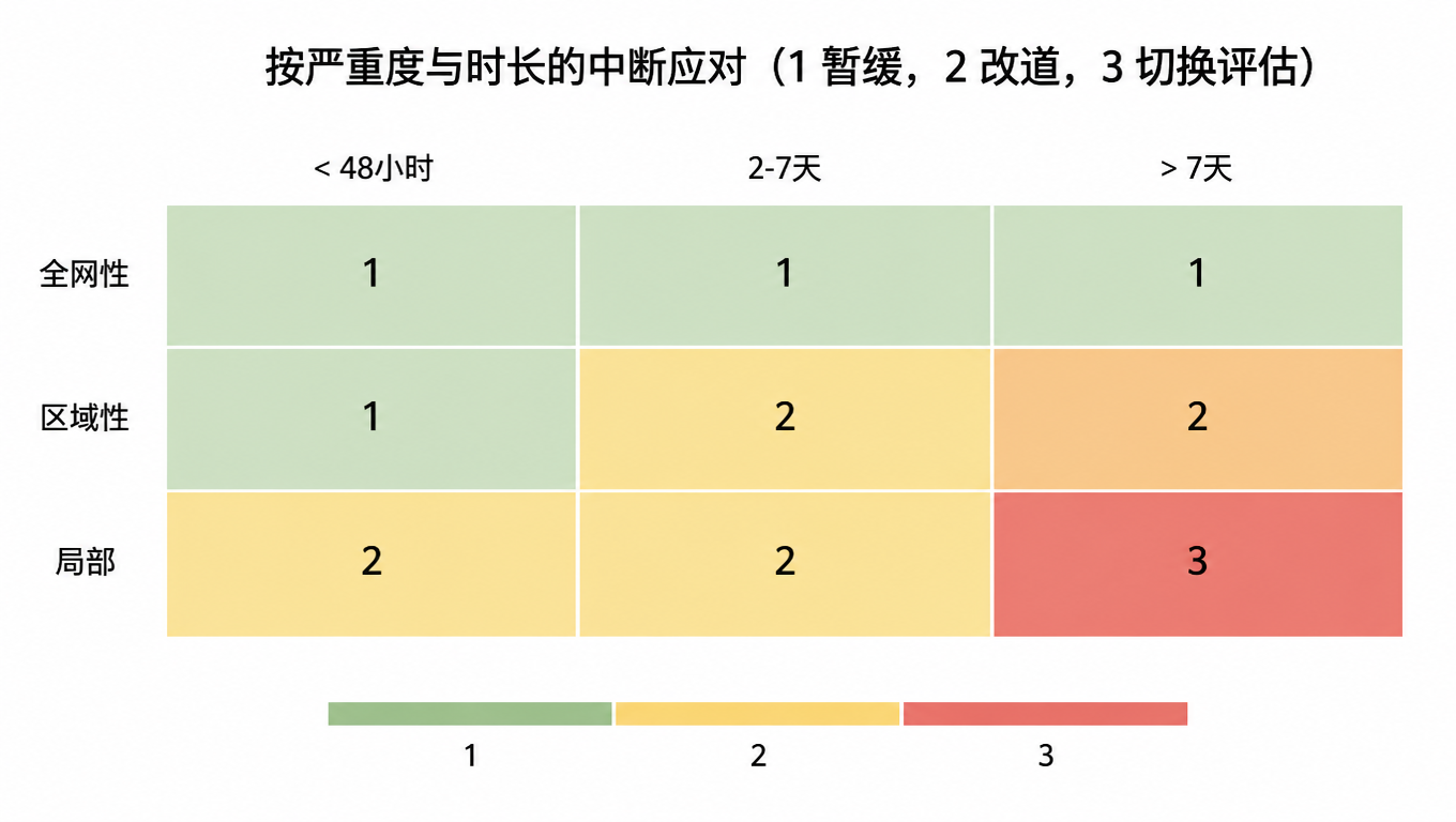 热力图:按严重度(局部/区域/全网)与时长(48 小时内/2-7 天/超 7 天)选择应对,1 暂缓、2 改道、3 切换评估