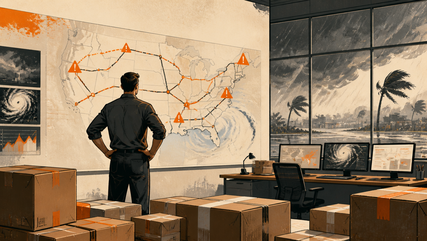 Logistics manager reviews a route map with warning markers in a control room during a storm.