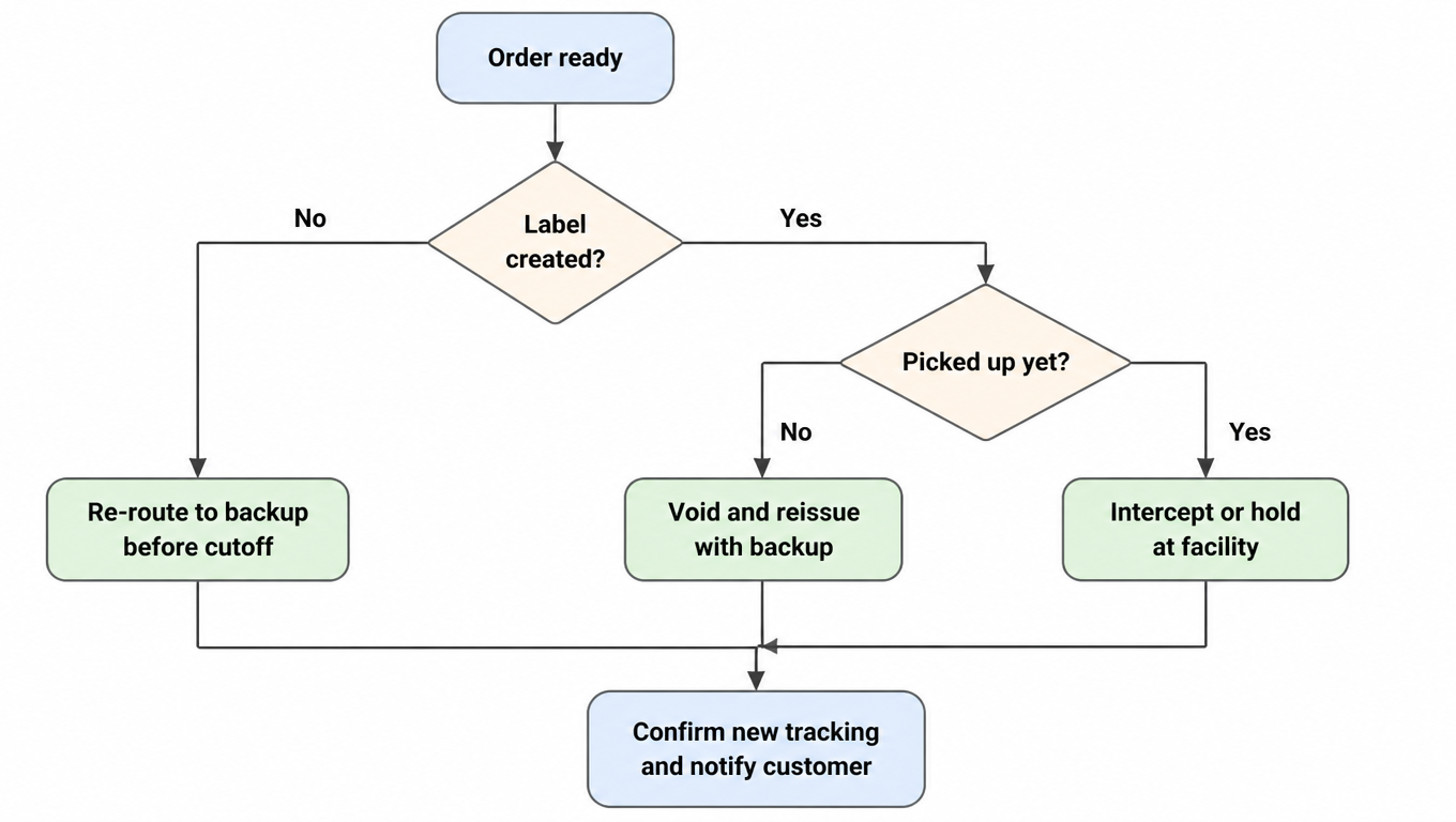 Flowchart: order ready, if no label reroute to backup before cutoff; if labeled and not picked up, void and reissue with backup; if in transit, intercept or hold at facility; then confirm new tracking and notify the customer